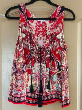 Patrons of Peace Boho Paisley Tassel Tie Tank Top Blouse Rayon L